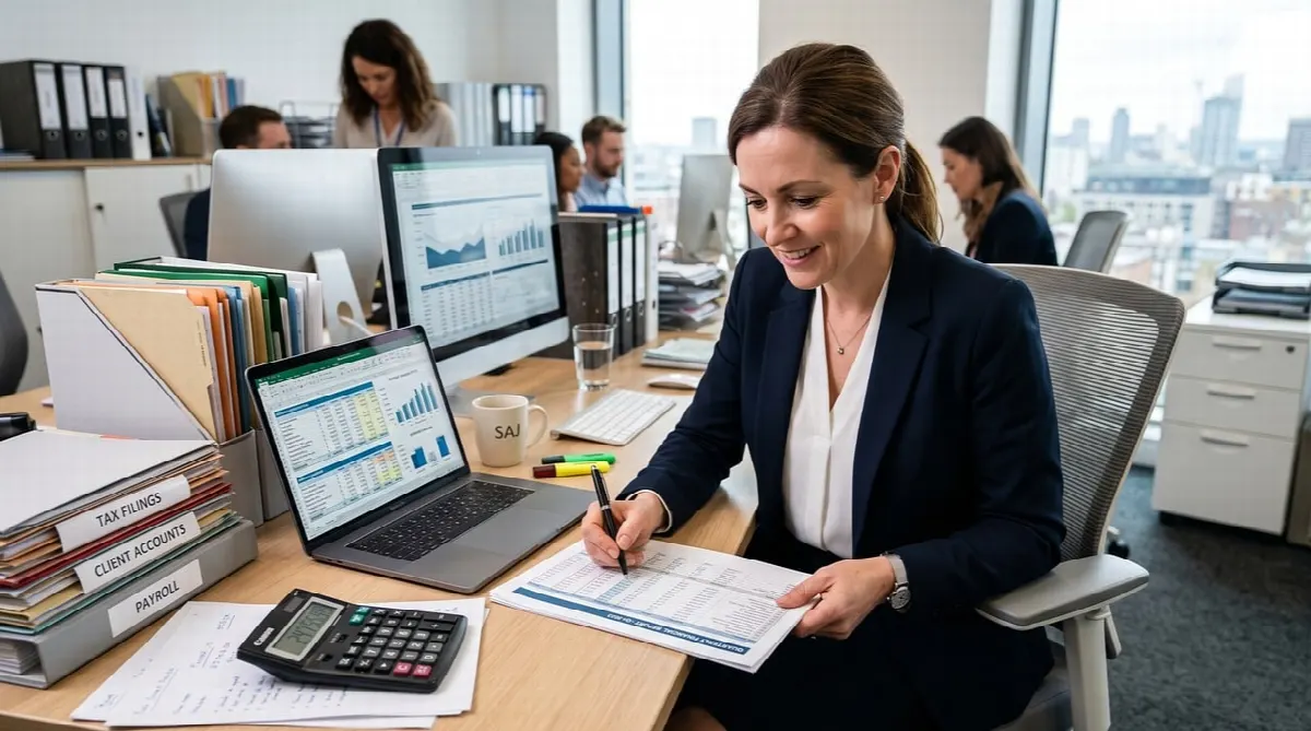 Pessoa lendo um relatório sentado à mesa de trabalho